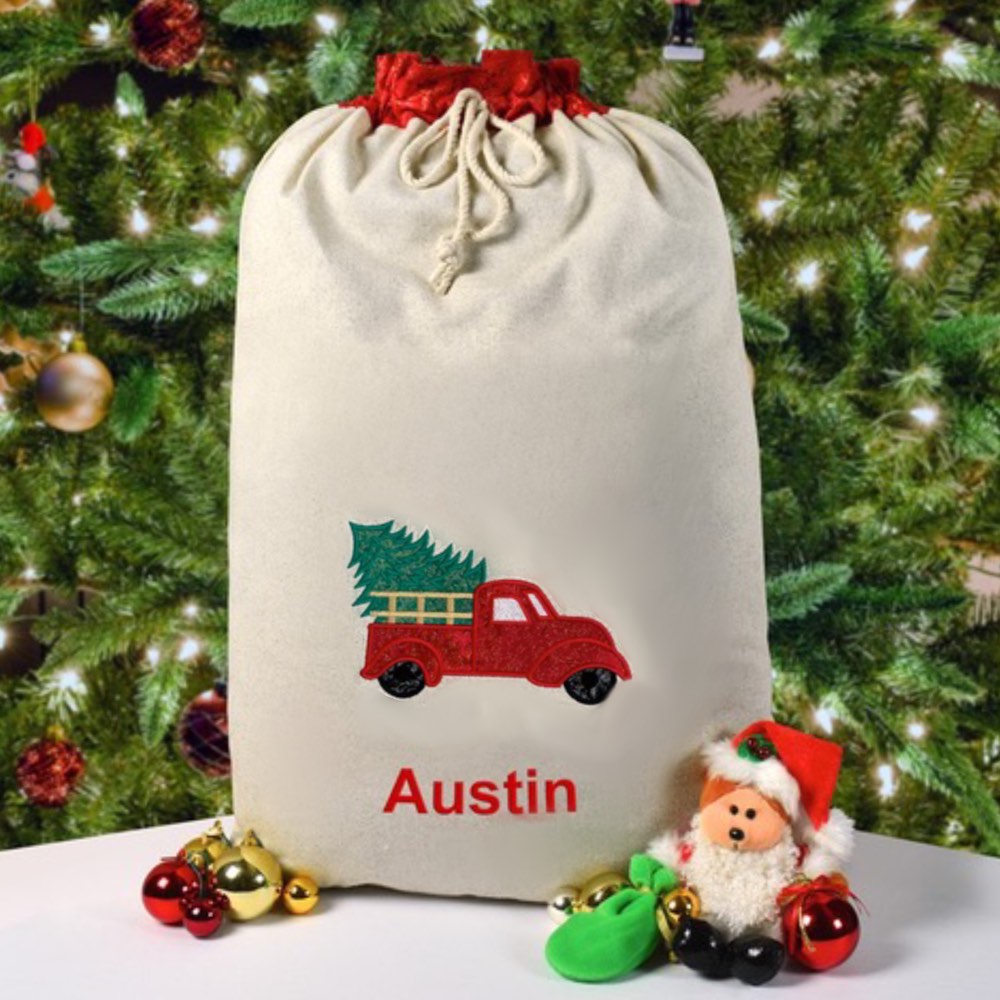 Santa Sack, Truck, Personalised Christmas Gift, Embroidery