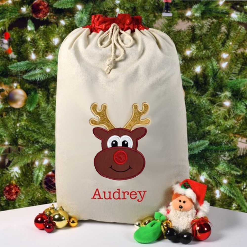 Santa Sack, Reindeer, Personalised Christmas Gift, Embroidery