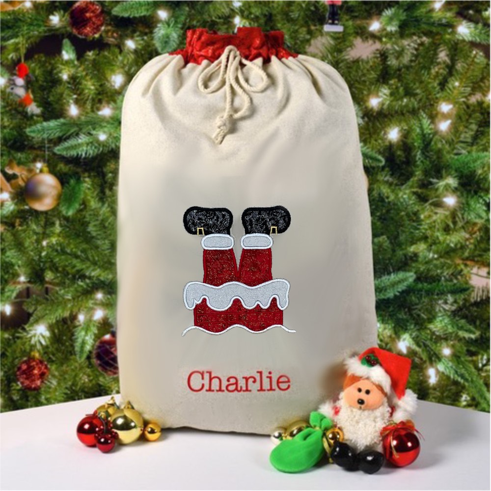 Santa Sack, Santa Down The Chimney, Personalised Christmas Gift, Embroidery