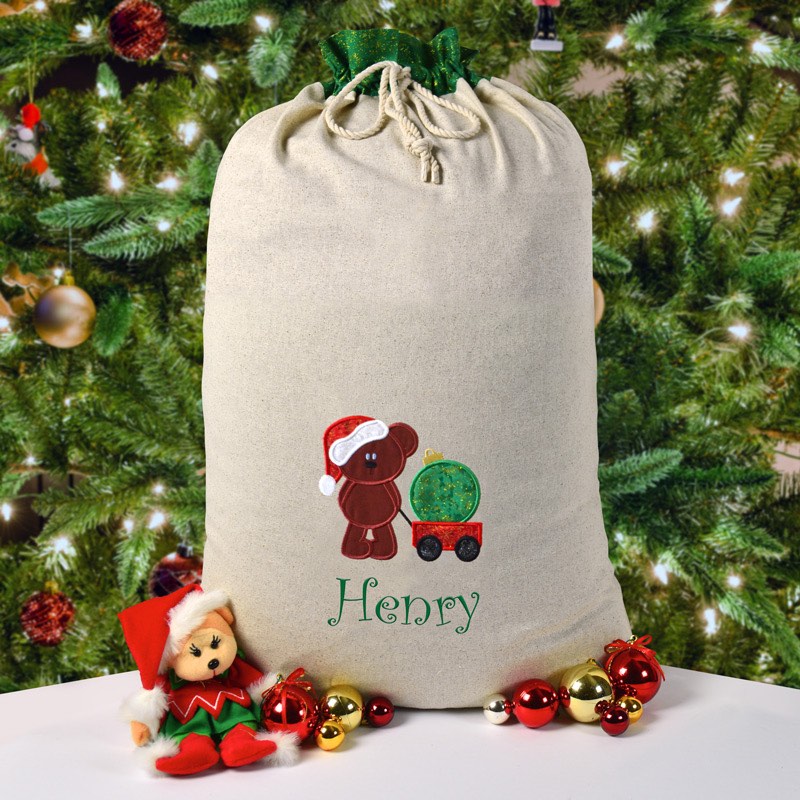 Santa Sack, Christmas Teddy Bear, Personalised Christmas Gift, Embroidery