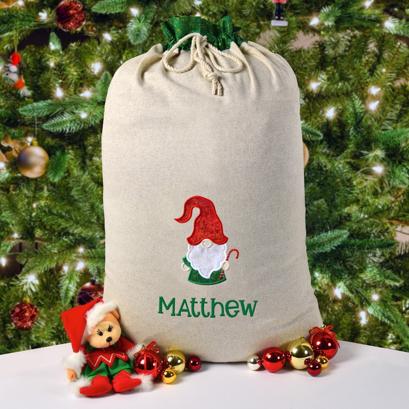 Santa Sack, Gnome, Personalised Christmas Gift, Embroidery