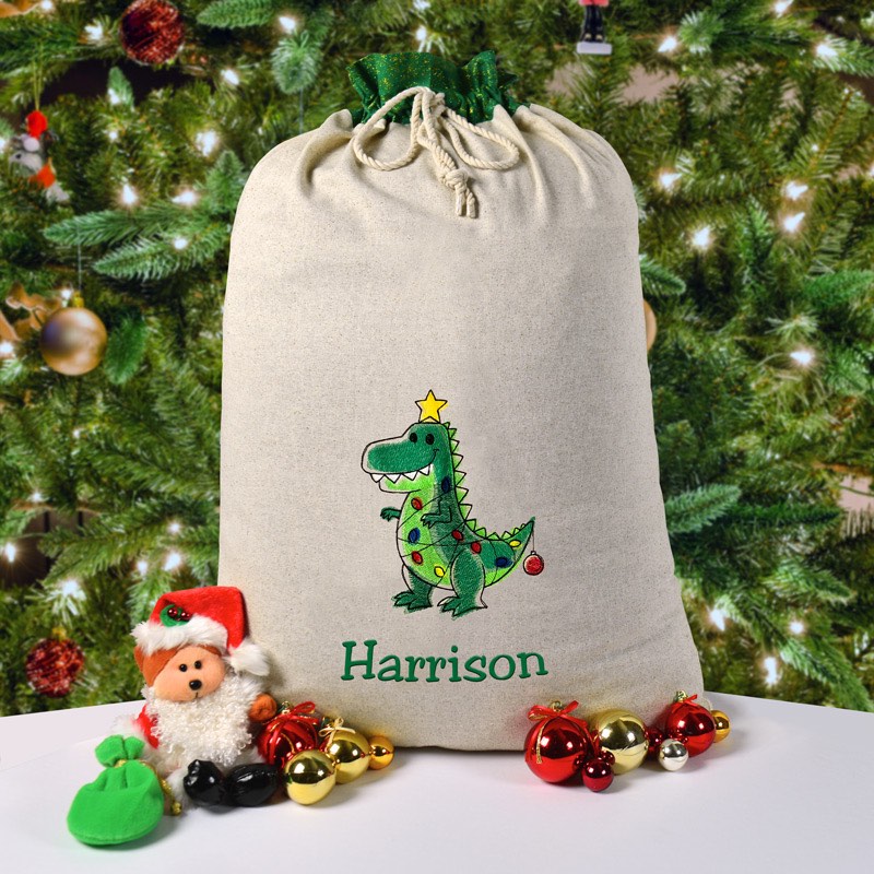 Santa Sack, Dinosaur, Personalised Christmas Gift, Embroidery