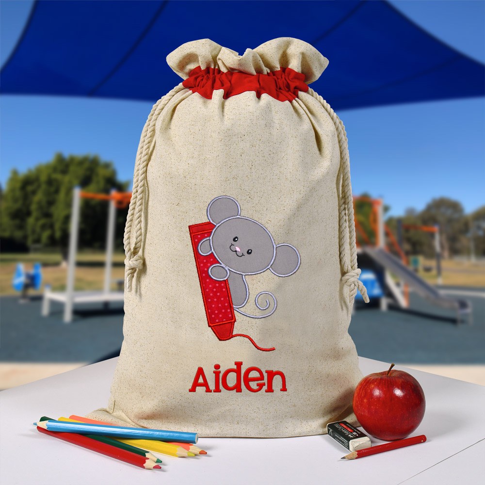 Personalised Library Bag, Mouse with Crayon Library Bag, Book Bag, Tote Bag, Pre School, Kindergarten and School