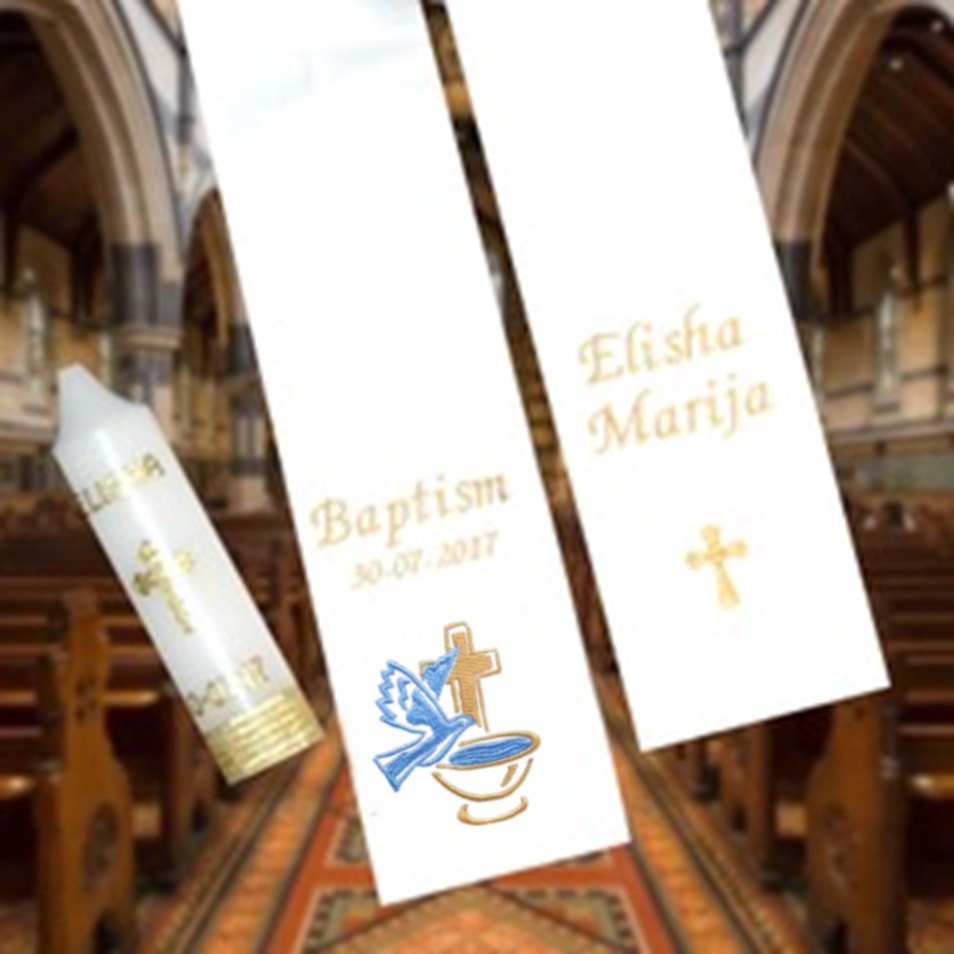 Baptism Stole and Candle, Christening Sash,Embroidery, 