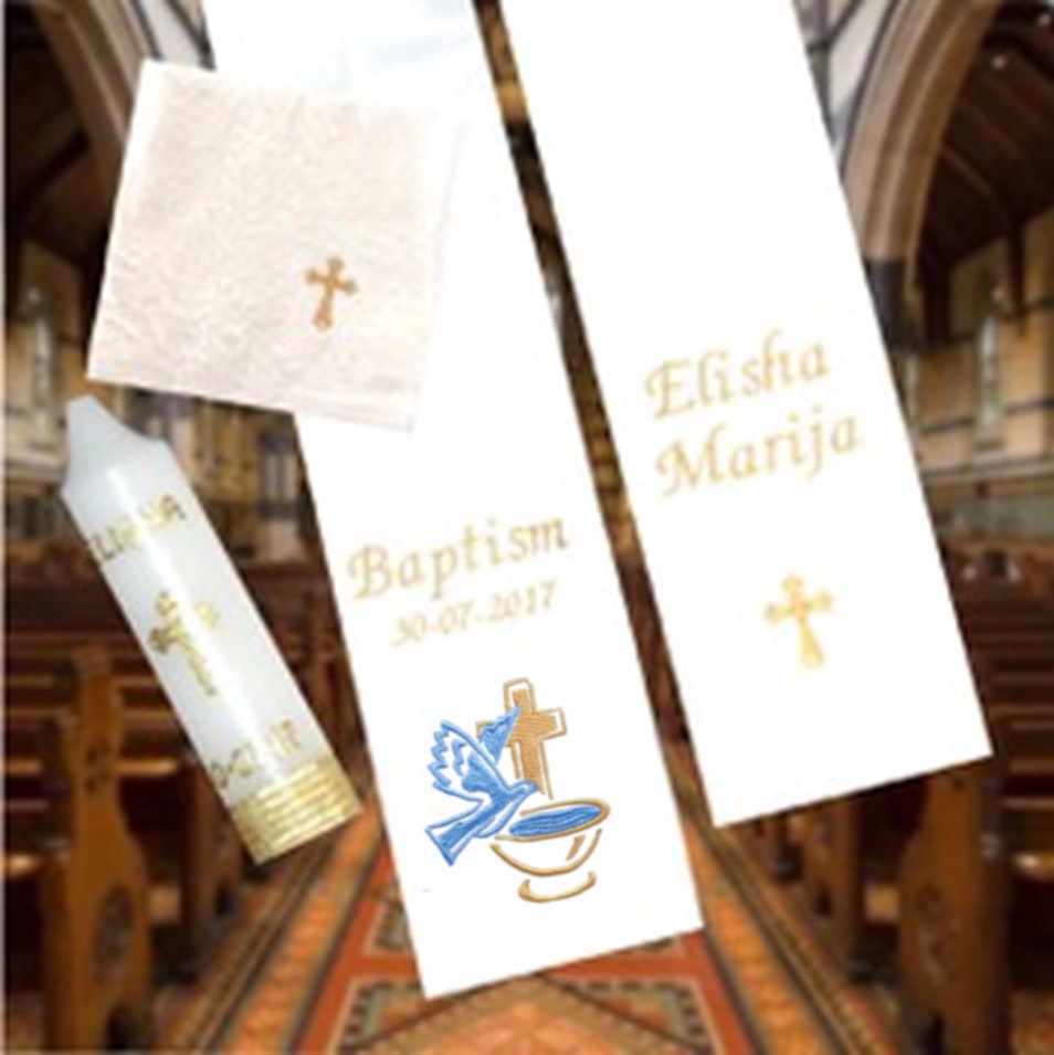 Baptism Stole and Candle, Christening Sash,Embroidery, 