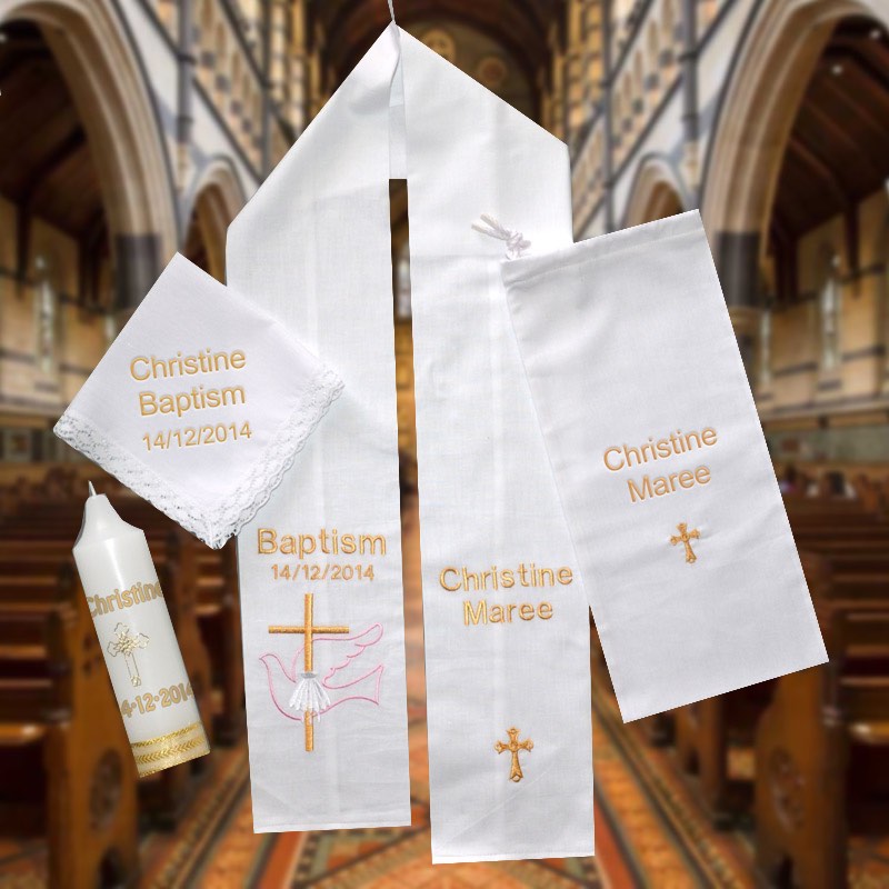 Baptism Stole and Candle, Christening Sash,Embroidery, 