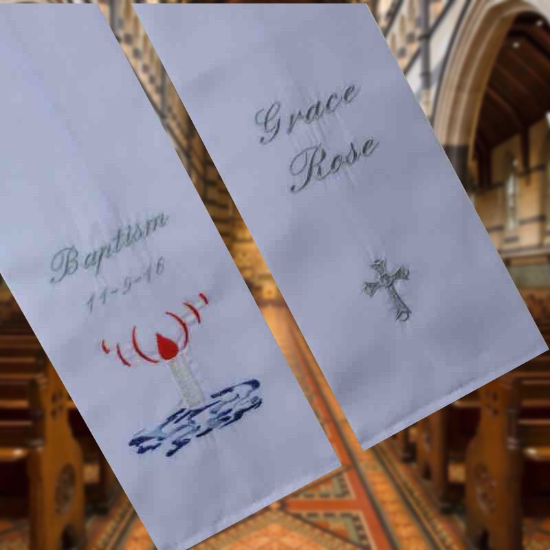 Baptism Stole, and candle, Christening Sash, Embroidery